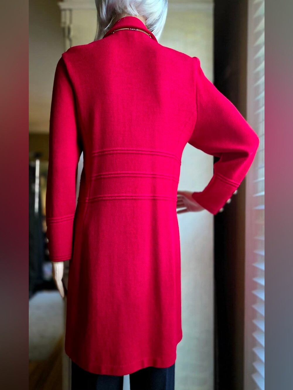 St John Collection Marie Gray Red Long Knit Jacket Coat Gold Buttons Sz 6 - Picture 7 of 10